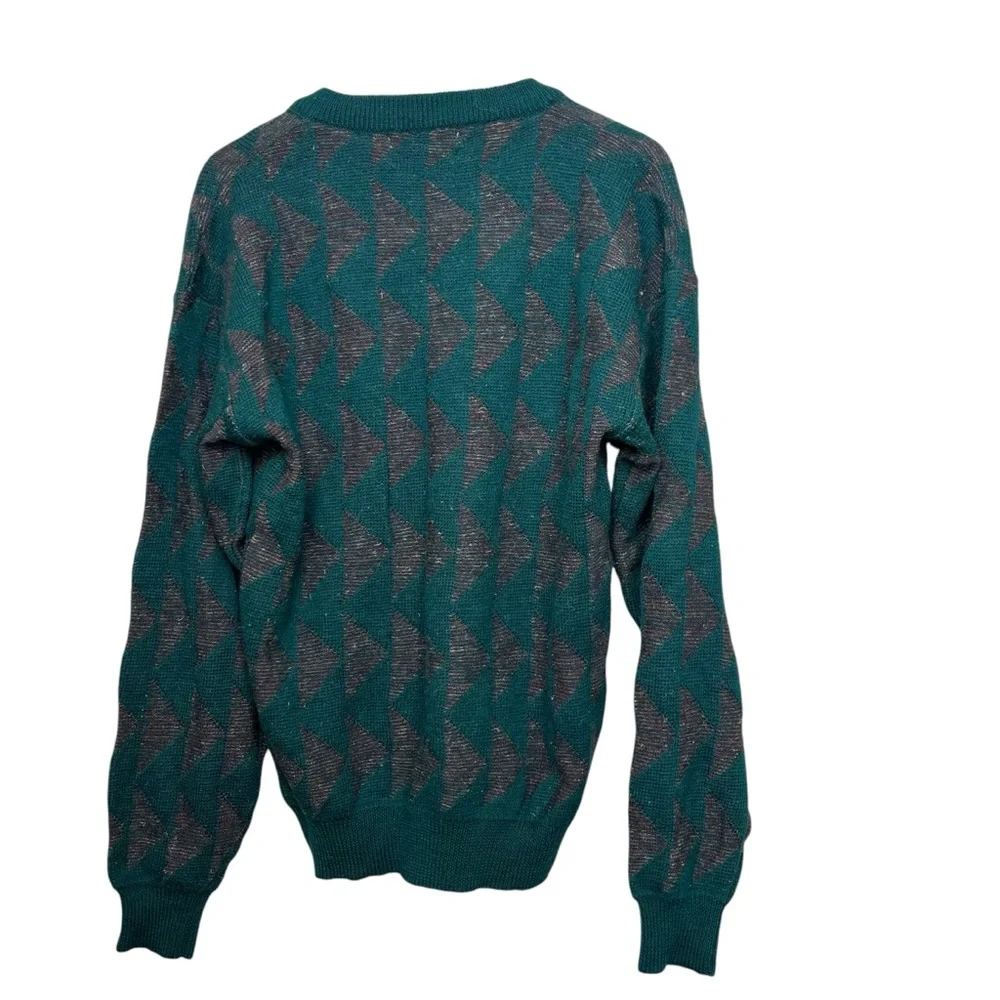 Vintage Christian Dior V Neck Wool Acrylic Blend Green‎ Triangles Print Size L